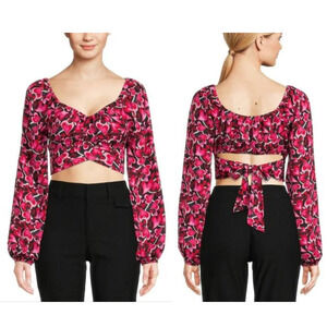 Madden NYC Heart Pattern Long Sleeve Pink and Black Wrap Tie Crop Top XL